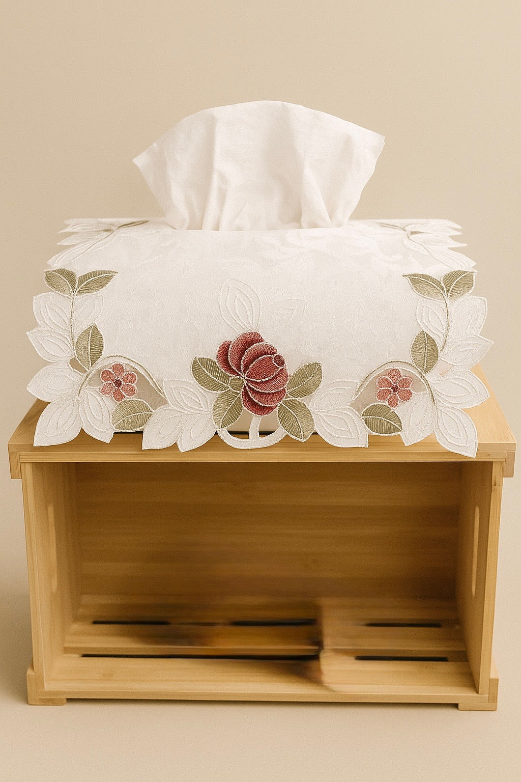 Tissue Box Cover - White with pink rose and leafy lace trim.