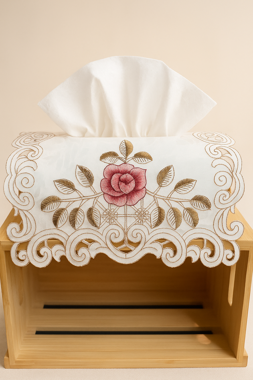 Tissue Box Cover- White cut work with large pink rose and olive leaves.