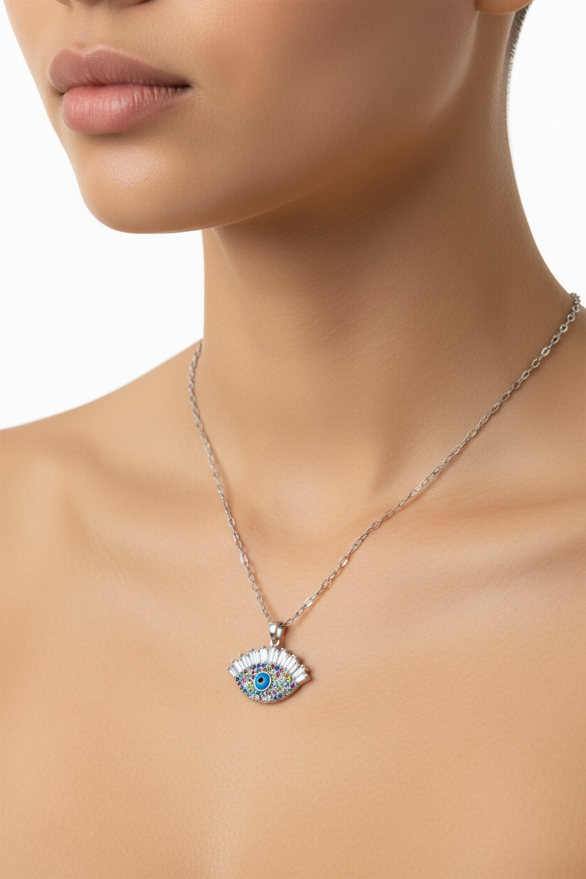 Multi-Colour Evil Eye Necklace in Silver