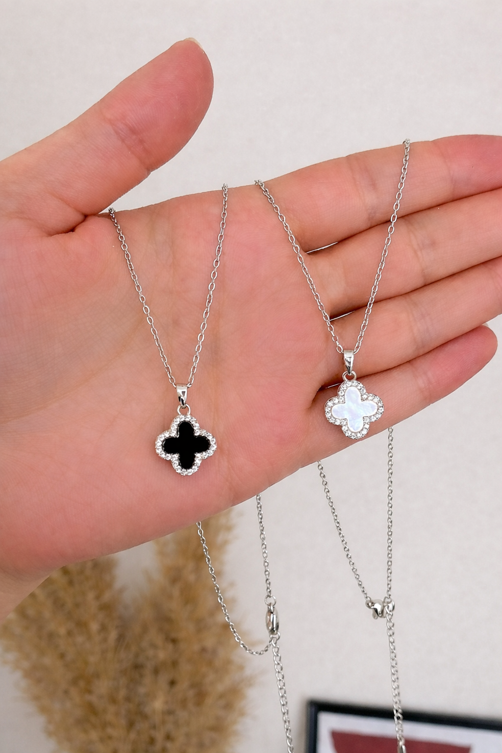Gold Clover Charm Necklace with Crystal Border