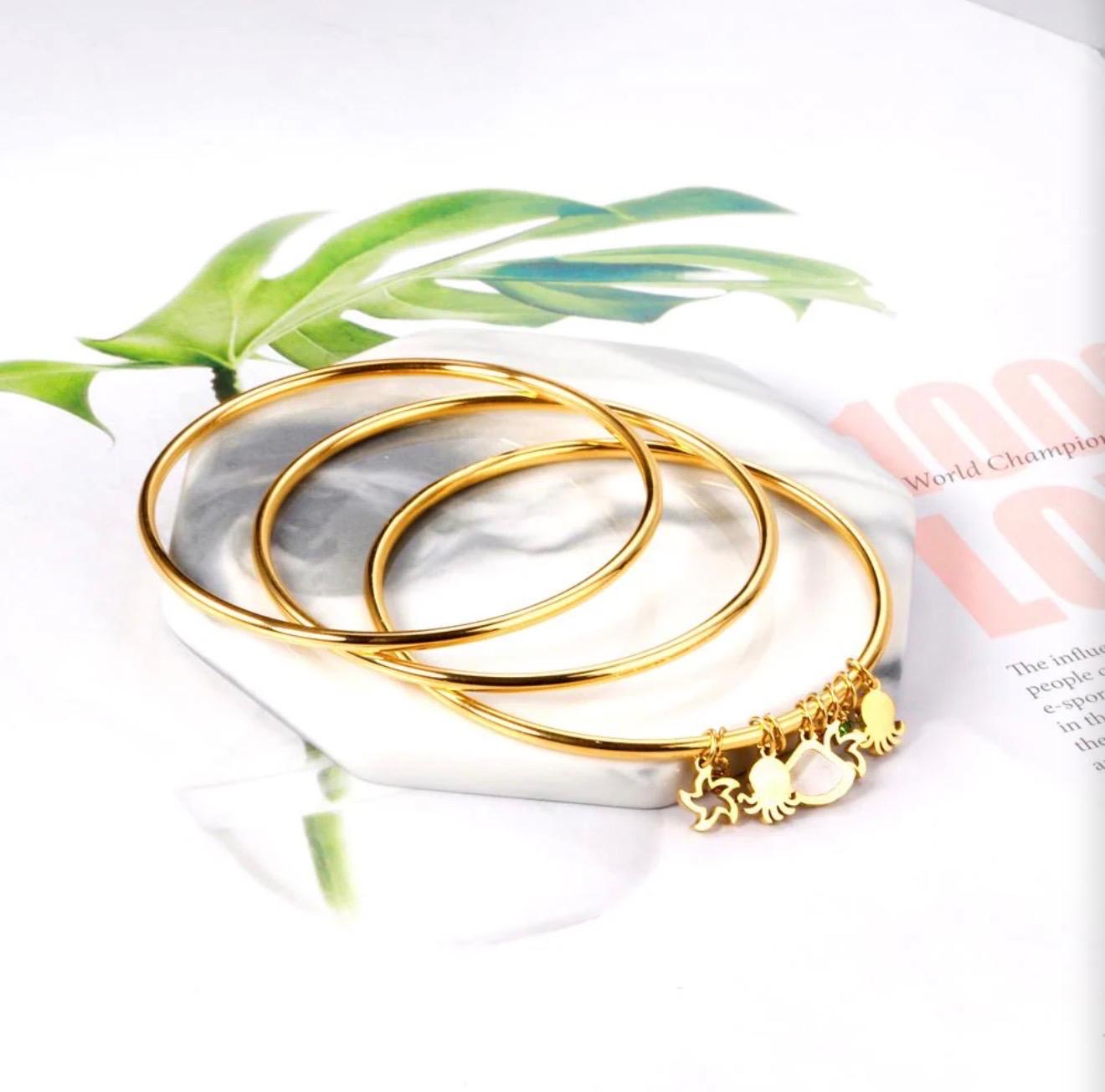3-Piece Gold Hollow Star & Shell Charm Bangle Set