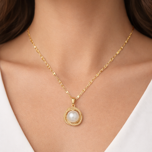 Gold Pearl Halo Pendant Necklace