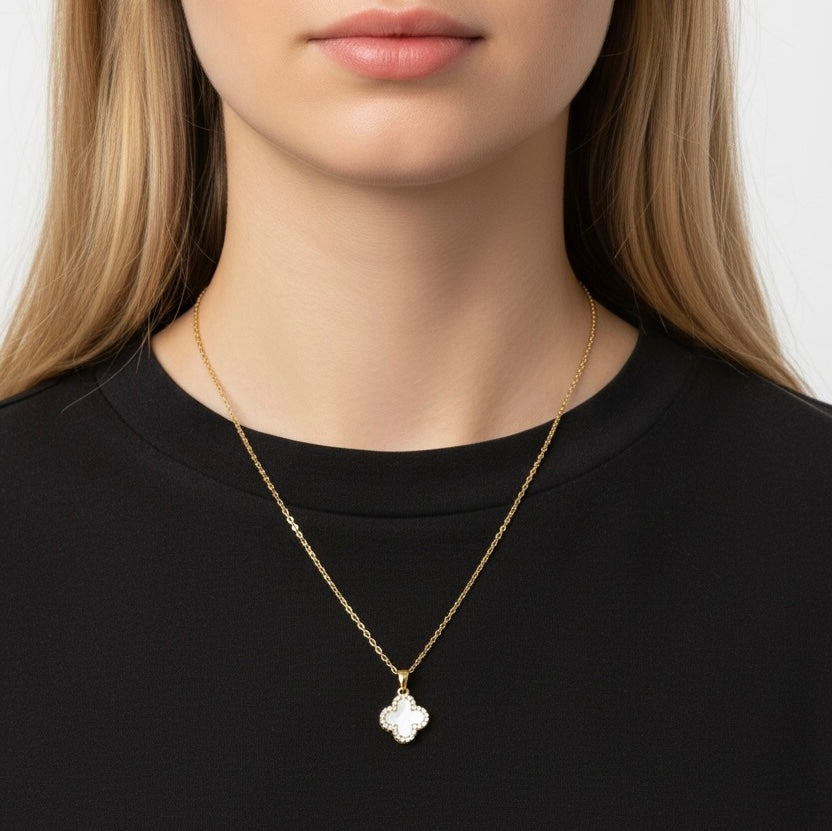 Gold Clover Charm Necklace with Crystal Border