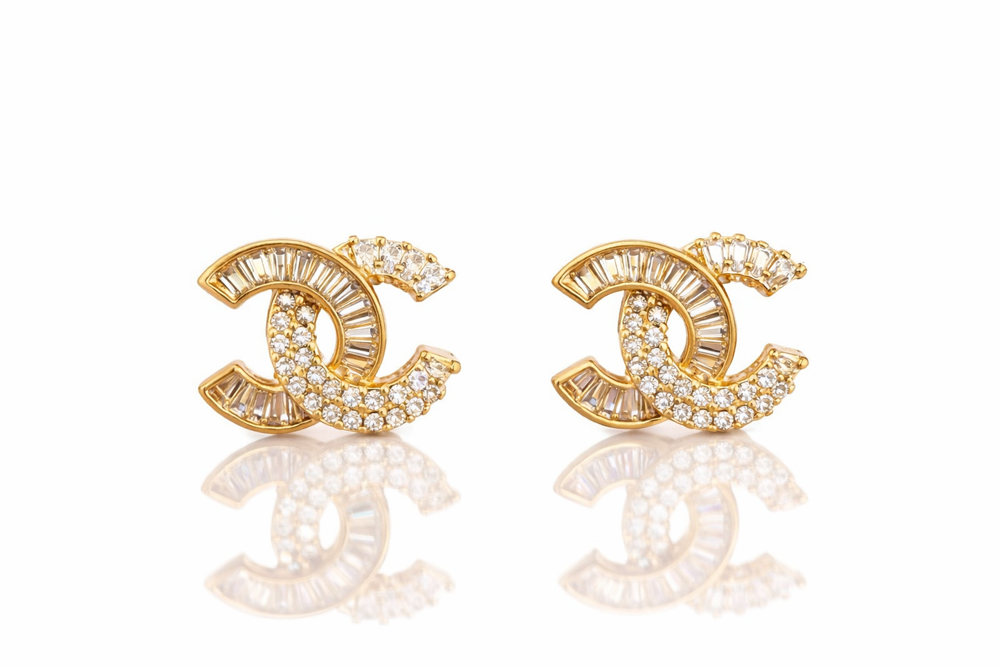 Gold-Tone Interlocking Stud Earrings with Baguette Crystals