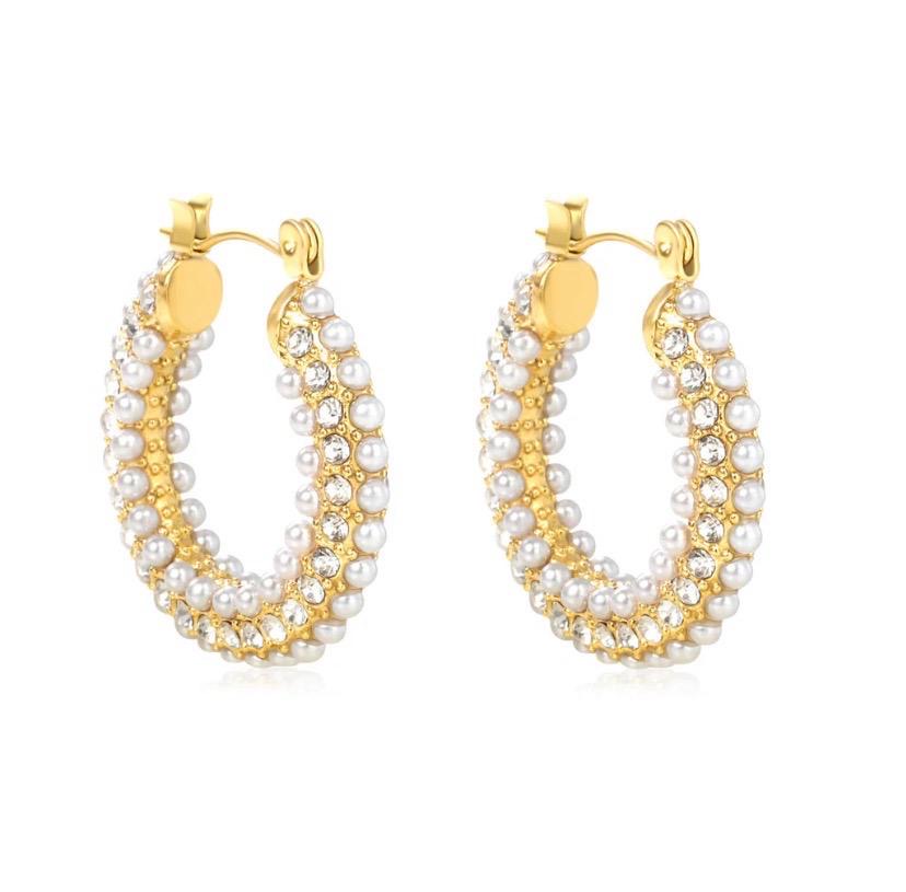 Pearl Embellished Gold Hoops
