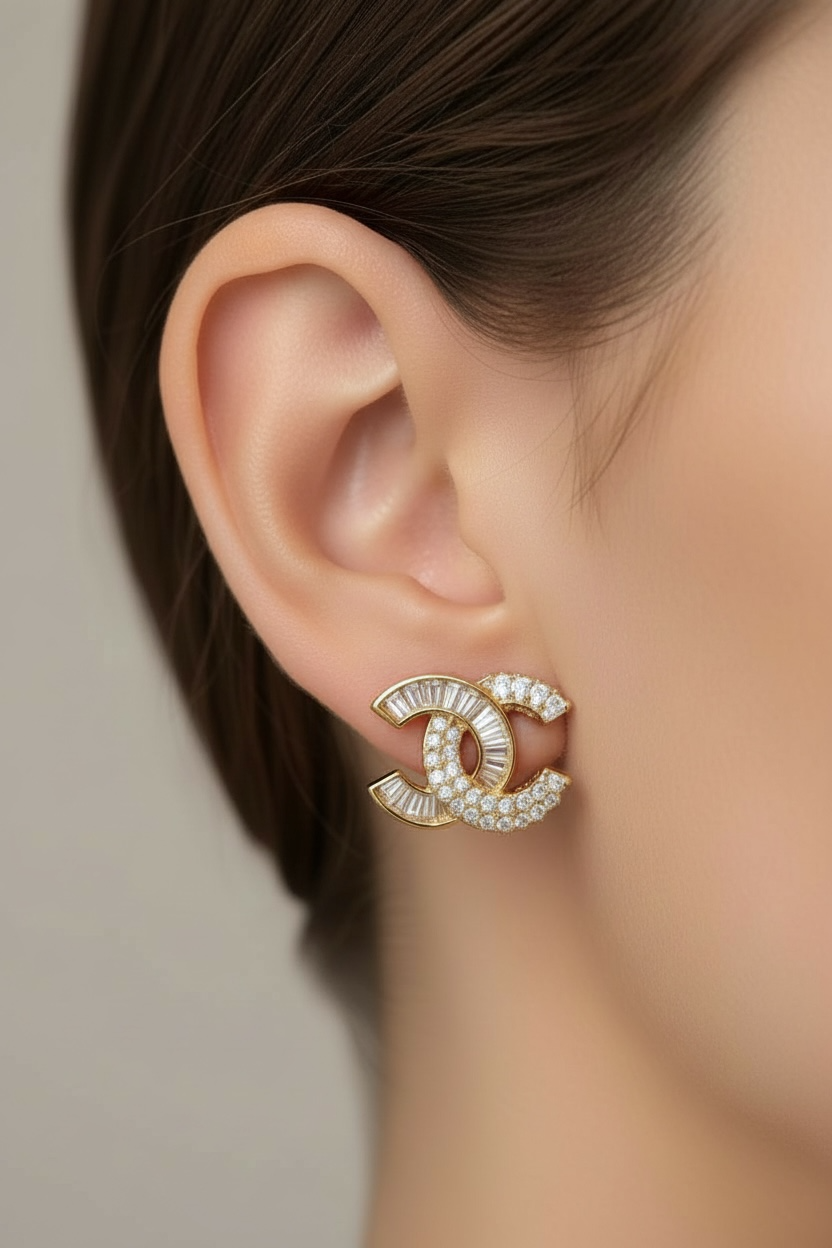 Gold-Tone Interlocking Stud Earrings with Baguette Crystals