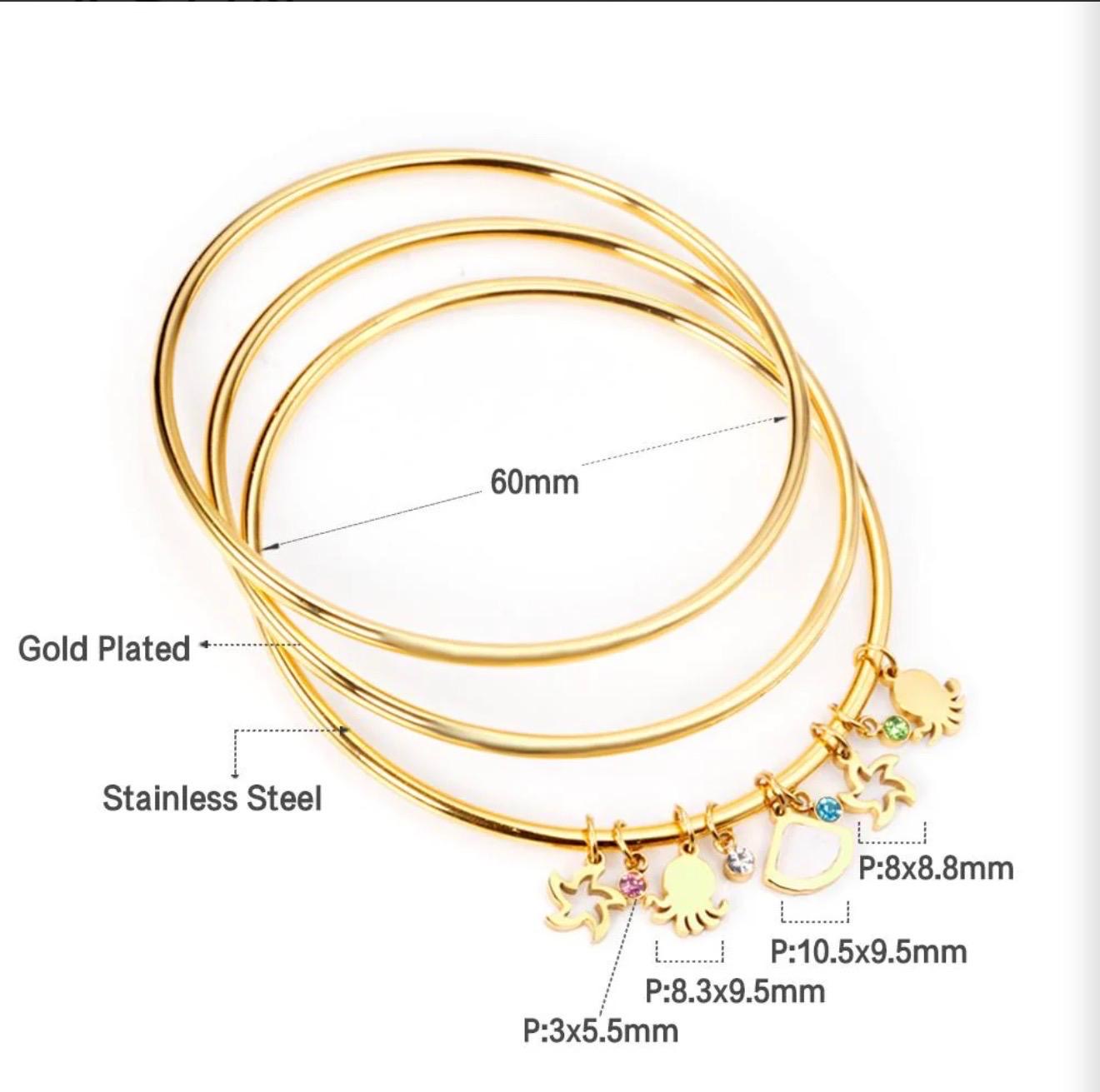 3-Piece Gold Hollow Star & Shell Charm Bangle Set