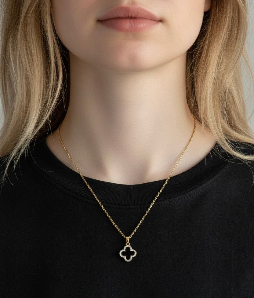 Gold Clover Charm Necklace with Crystal Border
