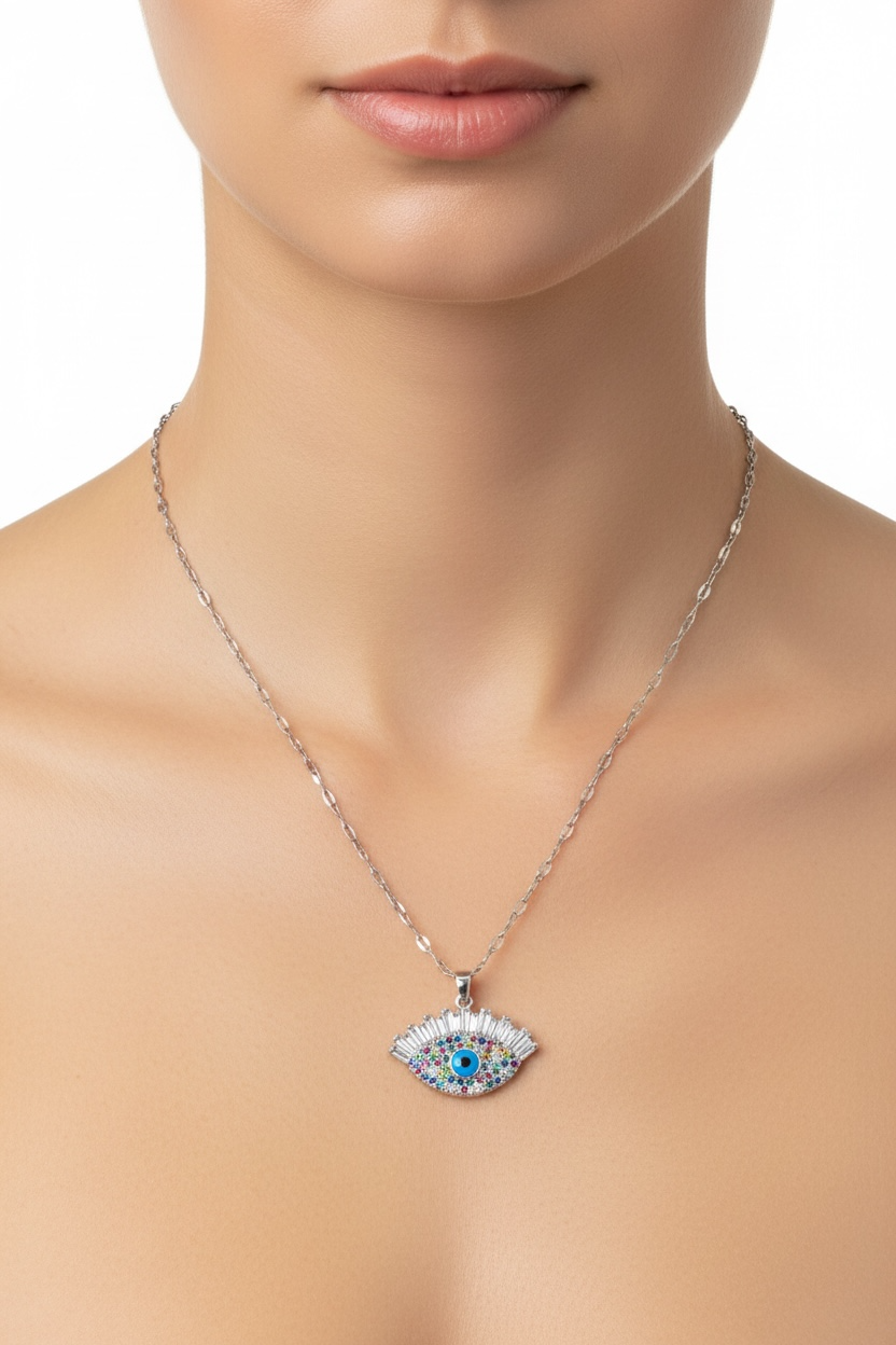 Multi-Colour Evil Eye Necklace in Silver