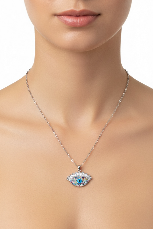 Multi-Colour Evil Eye Necklace in Silver