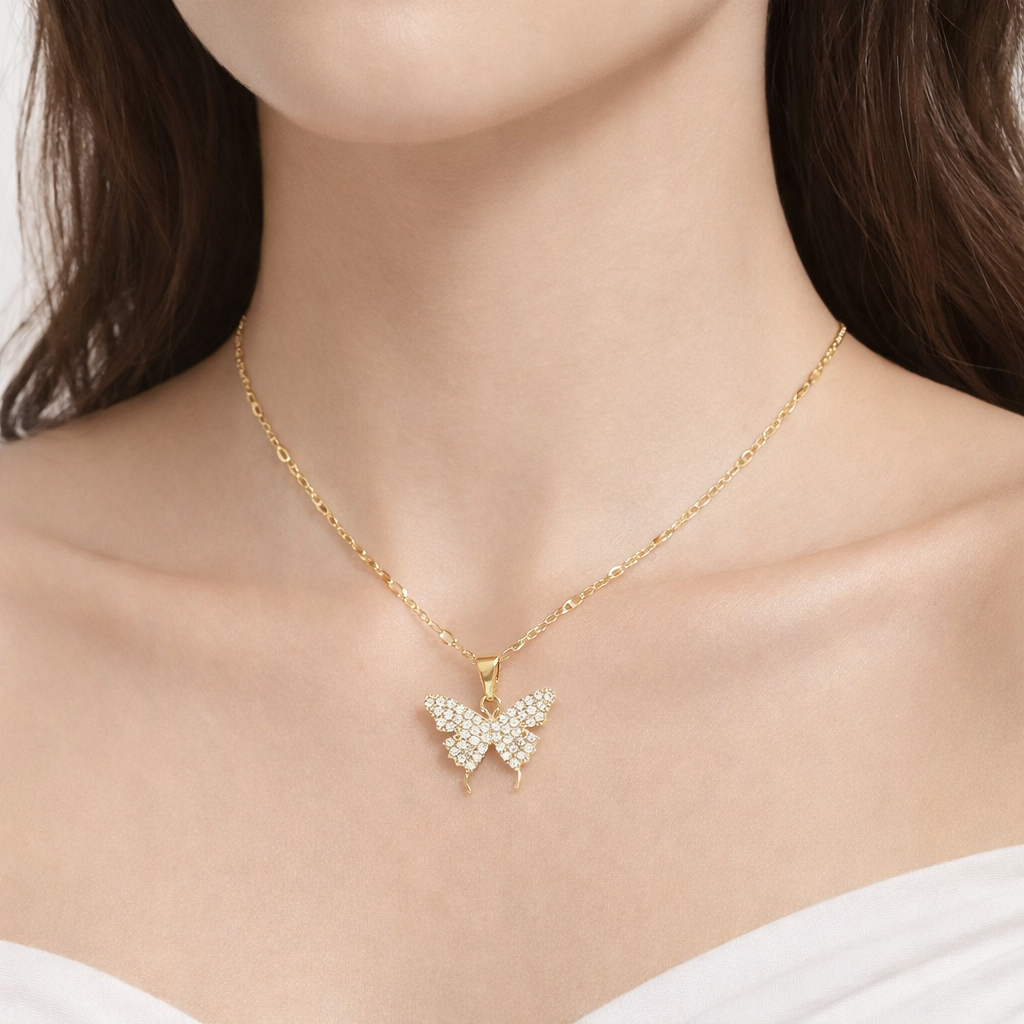 Gold Crystal Butterfly Pendant Necklace
