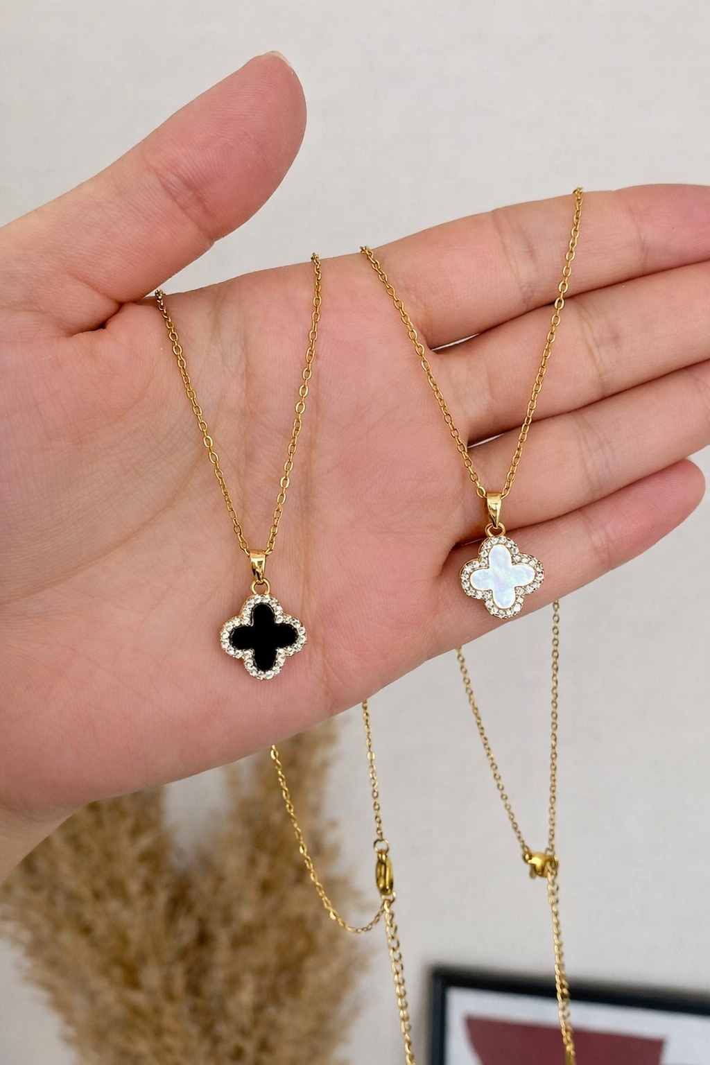 Gold Clover Charm Necklace with Crystal Border