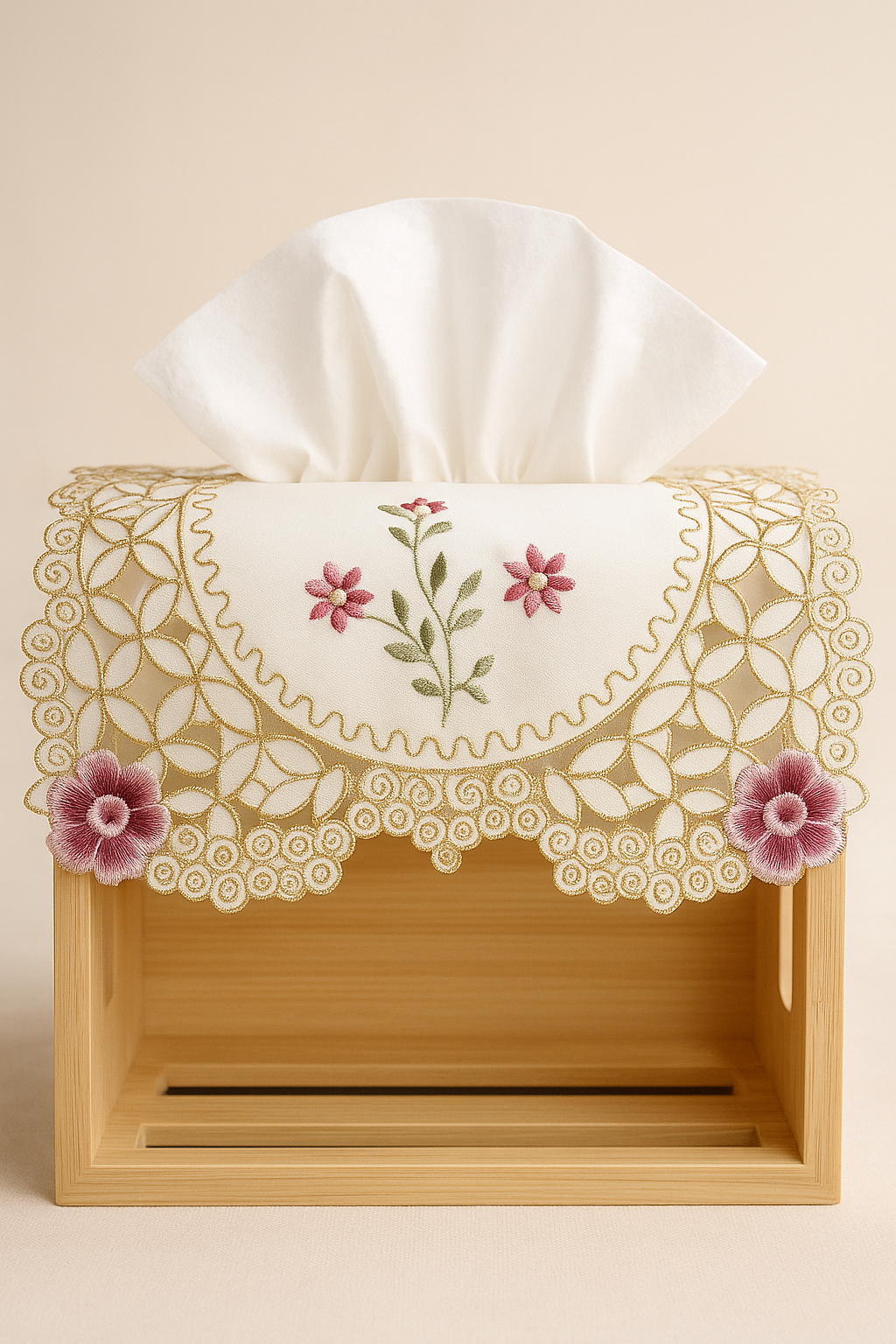 Tissue Box Cover- Cream base with floral embroidery and gold swirl border.