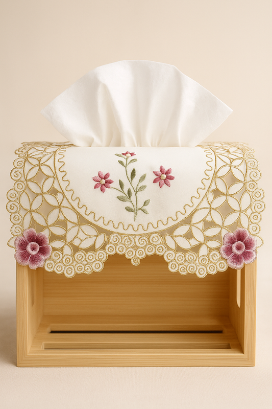 Tissue Box Cover- Cream base with floral embroidery and gold swirl border.