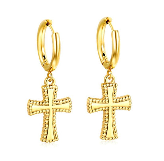 Gold Cross Charm Hoop Earrings