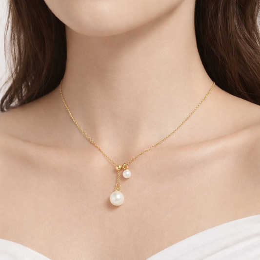 Gold Double Pearl Drop Y-Necklace