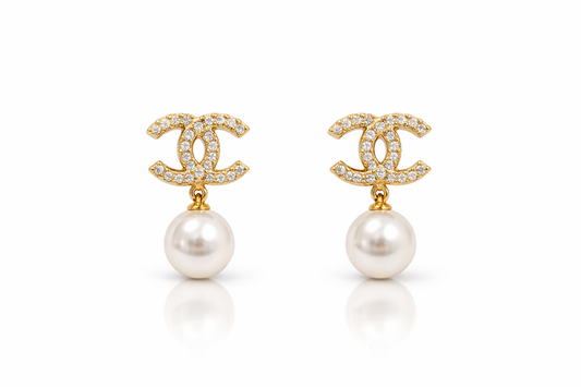 Elegant Gold Pearl Drop Stud Earrings with Crystals