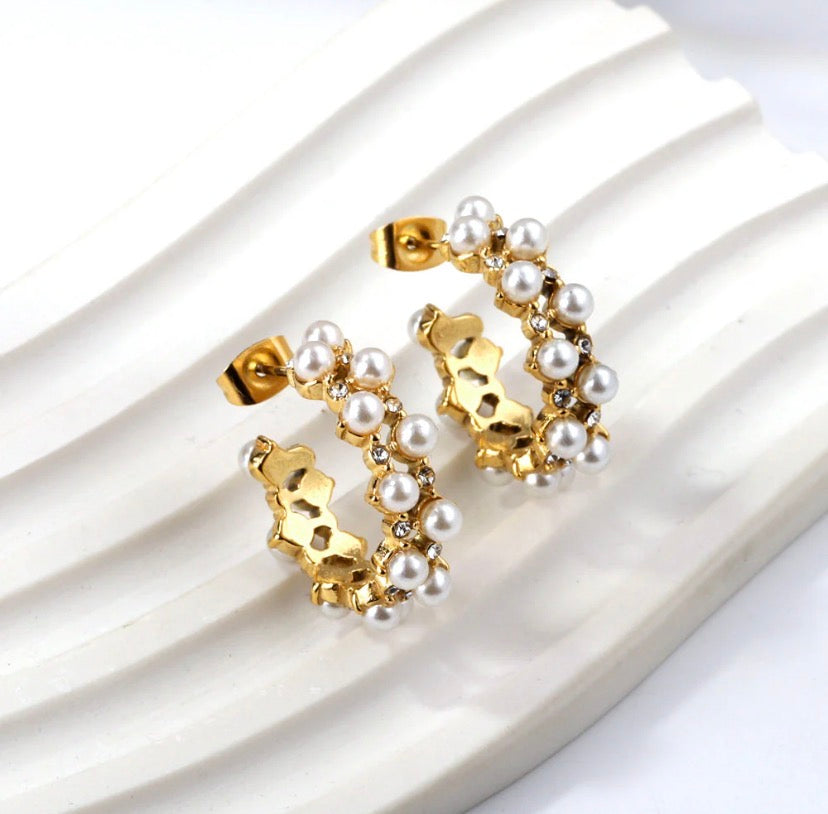 Pearl & Crystal Gold Hoop Earrings