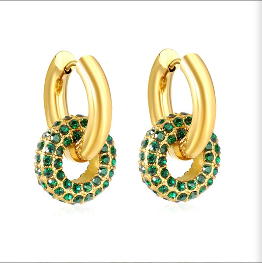 Gold Emerald Rhinestone Hook Earrings